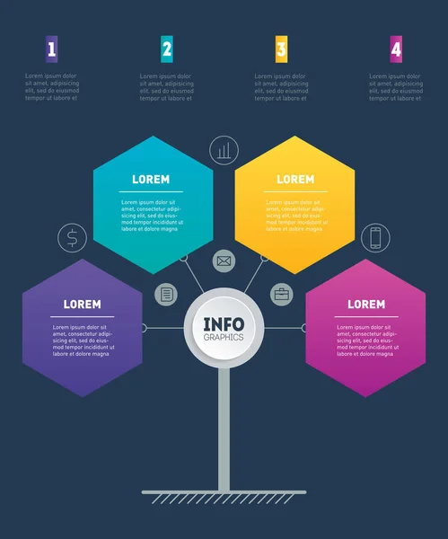 Timeline Infografiken Mit Bunten Business Elementen Auf Dunklem Hintergrund Vektorillustration — Stockvektor