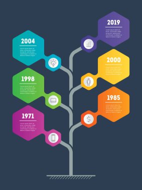 Dikey renkli zaman çizelgesi Infographic altıgenler koyu arka plan üzerinde ile