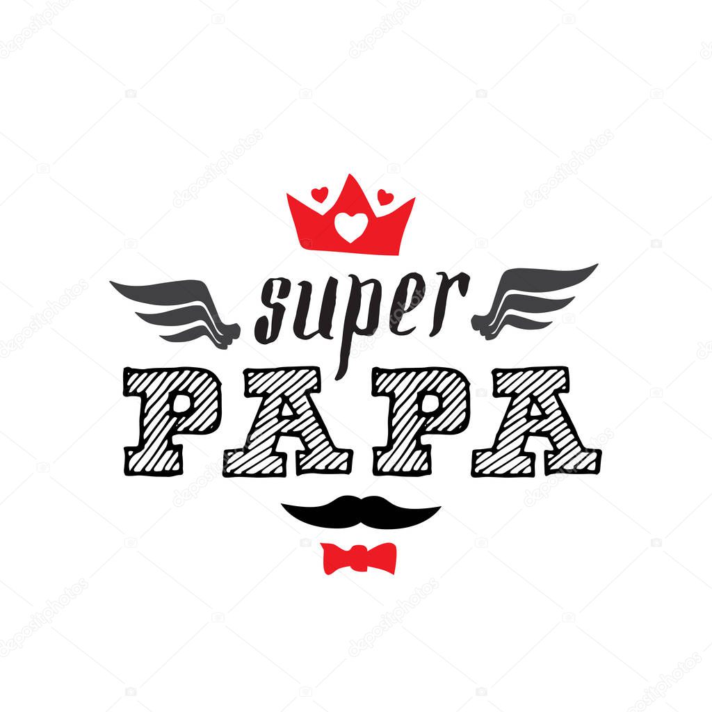 black and red print elements with inscription super papa on white background 
