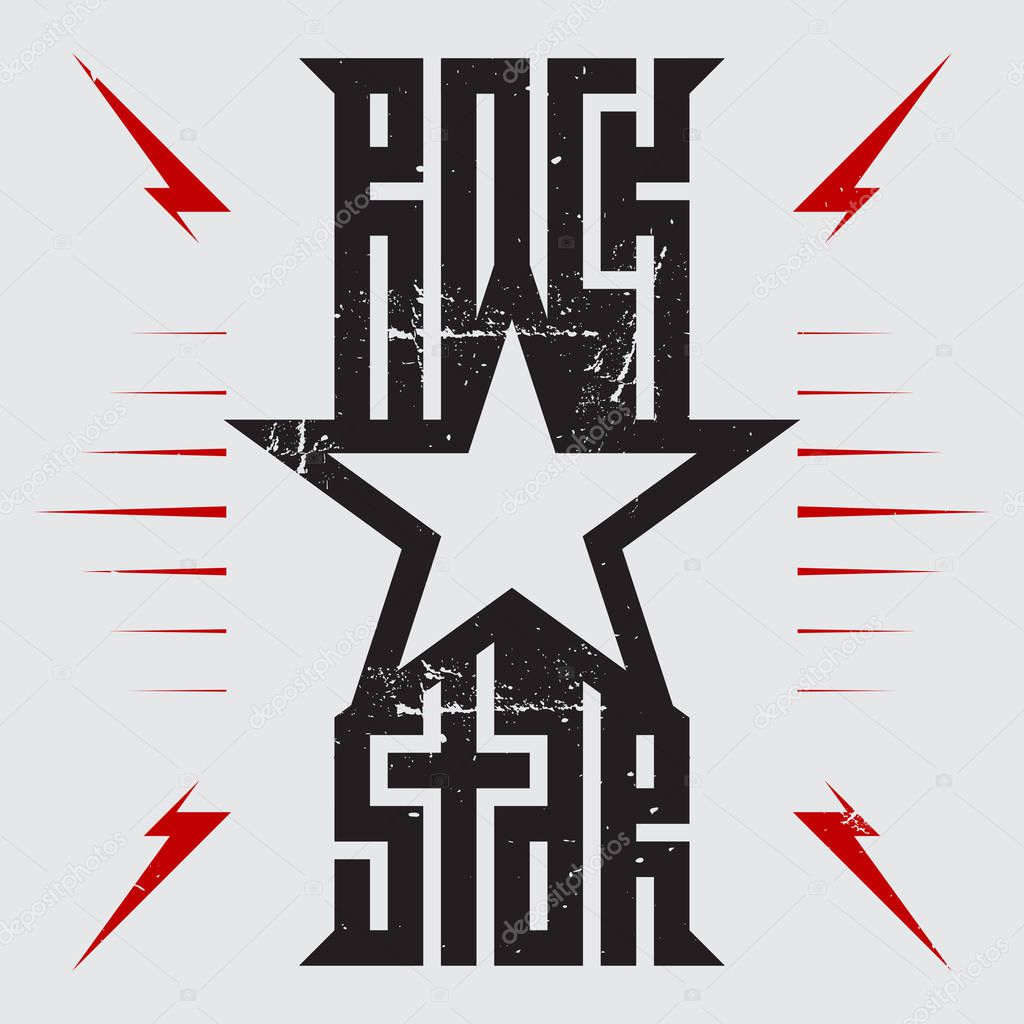 Rock Star - t-shirt design for woman or man. T-shirt apparels cool print for girls. Rockstar - music poster with red lightnings and star.
