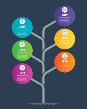 Dikey ağaç veya zaman çizelgesi infographics. Geliştirme ve iş büyüme. Time line eğilimler. İş kavramı ile 6 seçenekleri, parçalar, adımları veya işlemler.