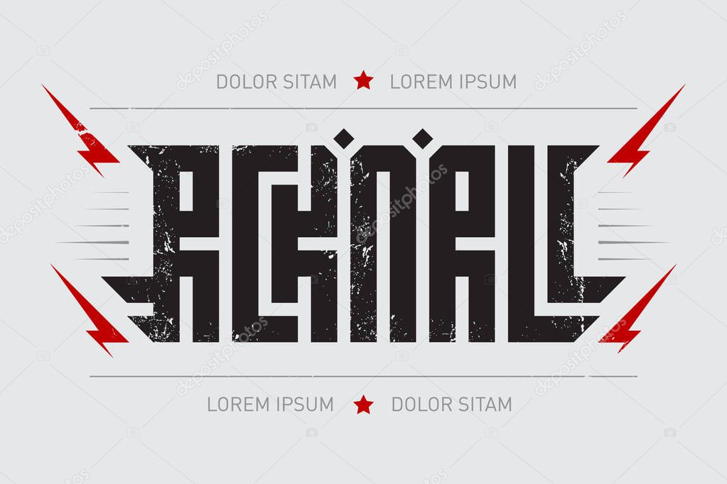 Rock and roll - music poster with red lightnings and star. T-shirt apparels cool print. Rock'n'roll - t-shirt design