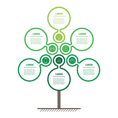 Dikey eko iş sunu kavramı 6 seçeneği ile. Web şablonu soyut ağaç, bilgi grafik veya diyagram ile kutsal kişilerin resmi. Vektör Infographic 6 puan ile teknoloji veya eğitim sürecinin