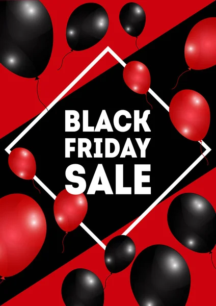 Black Friday Sale Poster Shiny Red Balloons Black Background Black — Stock Vector