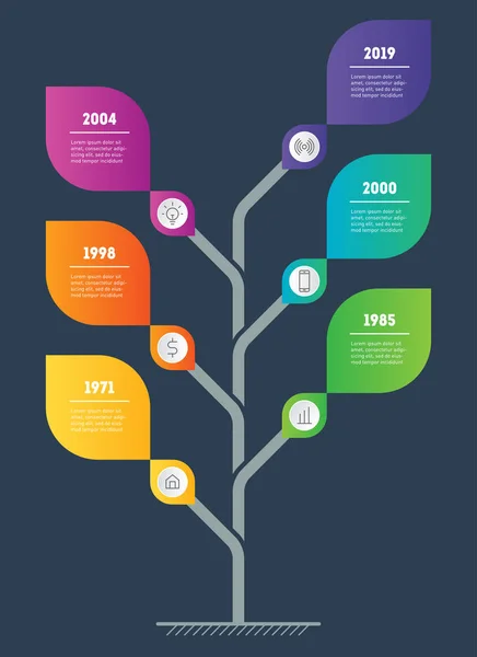 Infográficos Verticais Árvore Desenvolvimento Crescimento Negócio Info Gráfico Com Seis —  Vetores de Stock