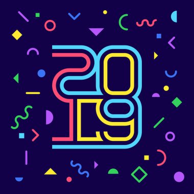 Mutlu yeni yıl 2019. Parlak tatil poster veya takvim kapağında. Yazıt 2019 ile tebrik kartı.