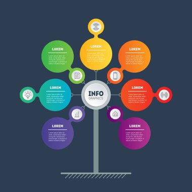 İş tanıtımı kavramı. Web şablonu hizmet ağaç, bilgi grafik veya diyagram. Web sitesi. Vektör Infographic teknolojisi veya eğitim sürecinin