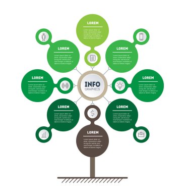 Dikey Zaman Çizelgesi bilgi grafikleri. Gelişim ağacı ve iş büyüme. Eğilimlerin zaman çizgisi. Seçenekler, parçalar, adımlar veya süreçler ile Eko İş kavramı
