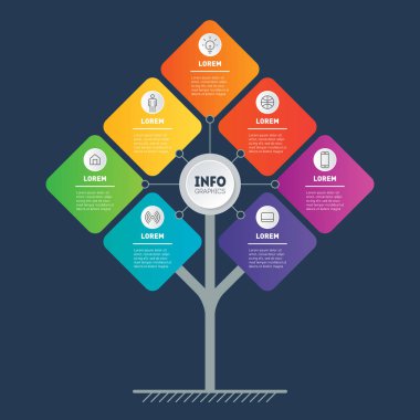 Broşür tasarım şablonu. 11 seçenekli iş sunumu konsepti. Ağaç, bilgi grafiği veya diyagram şablonu. On bir adımile teknoloji veya eğitim sürecinin infografik