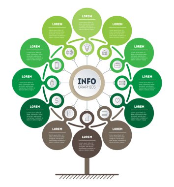 12 puan ile yeşil teknoloji veya eğitim sürecinin vektör infografik. Ağaç, bilgi grafiği veya diyagram şablonu. 12 seçenek veya ay ile dikey eko İş sunum konsepti