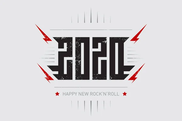 Ευτυχισμένο Νέο Ροκ 2020 Μουσική Αφίσα Στυλιζαρισμένη Επιγραφή Κόκκινες Αστραπές — Διανυσματικό Αρχείο