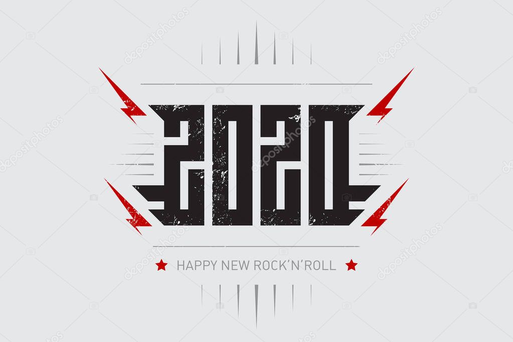 Happy New Rock'n'roll 2020 - music poster with stylized inscription, red lightnings and star. T-shirt apparels cool print with inscription. 20 20 - t-shirt design