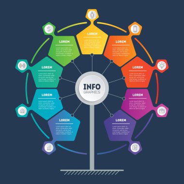 9 seçenekli iş sunumu konsepti. Ağaç şablonu, bilgi şeması veya dokuz işlemeli diyagram. 9 adımlı teknoloji ya da eğitim bilgileri. Koyu arkaplan