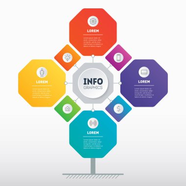 8 veya 4 seçenekli iş sunumu konsepti. Geliştirme ağacı, grafik veya diyagram şablonu. 8 adımda teknoloji veya eğitim sürecinin infografik. Sekizgenlerden oluşan bilgi grafikleri