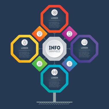8 veya 4 seçenekli iş sunumu konsepti. Geliştirme ağacı, grafik veya diyagram şablonu. 8 adımda teknoloji veya eğitim sürecinin infografik. Sekizgenlerden oluşan bilgi grafikleri