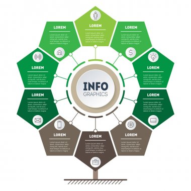 10 seçeneği olan Dikey Yeşil bilgi grafikleri. Gelişim ağacı ve iş büyüme. Zaman çizgisi. On parça, adım veya süreçle Eko İş konsepti