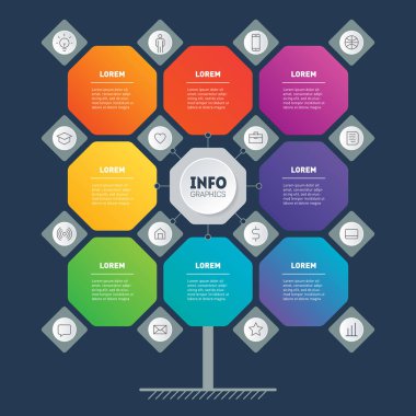 Web Şablonu ağacı, bilgi grafiği veya diyagramı. Dört veya sekiz adımlı teknoloji veya eğitim sürecinin infografik. Broşür tasarım şablonu. İş sunumu konsepti  