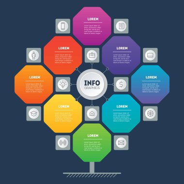 Web Şablonu ağacı, bilgi grafiği veya diyagramı. Dört veya sekiz adımlı teknoloji veya eğitim sürecinin infografik. Broşür tasarım şablonu. İş sunumu konsepti  