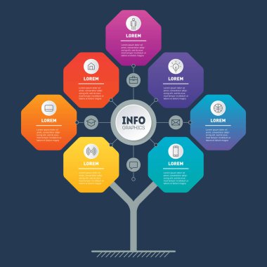 Web Şablonu ağacı, bilgi grafiği veya diyagramı. Dört veya sekiz adımlı teknoloji veya eğitim sürecinin infografik. Broşür tasarım şablonu. İş sunumu konsepti  