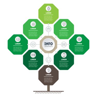 Web Şablonu ağacı, bilgi grafiği veya diyagramı. Dört veya sekiz adımlı teknoloji veya eğitim sürecinin infografik. Broşür tasarım şablonu. İş sunumu konsepti  