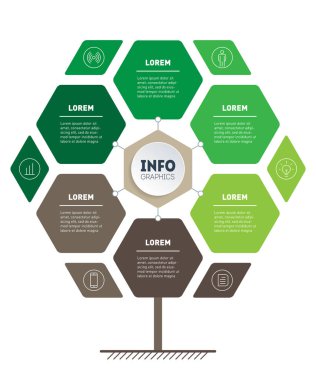 6 seçenekli bilgi grafikleri, bilim ve teknoloji araştırması. Sürdürülebilir kalkınma ve eko sektörünün büyümesi. Yeşil İş Konsepti altı bölüm, adım ya da puanla