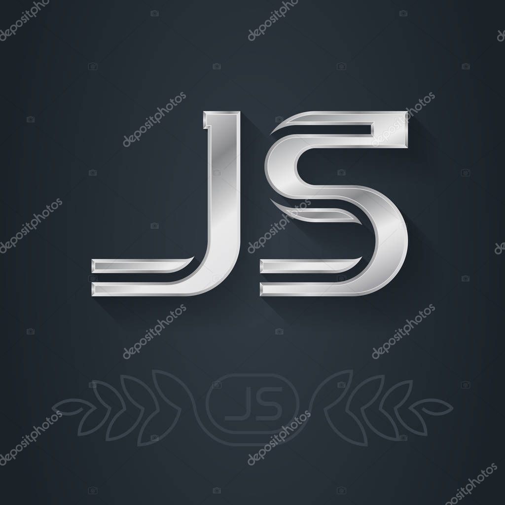 J and S initial silver logo. JS - Metallic 3d icon or logotype template. Design element with lineart option.