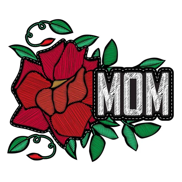 Embroidery Template Word Mom Red Rose — Stock Vector