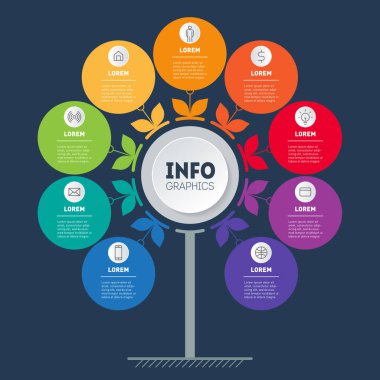 9 seçenekli iş sunumu konsepti. Ağaç şablonu, bilgi şeması veya dokuz işlemeli diyagram. 9 adımlı teknoloji ya da eğitim bilgileri. Koyu arkaplan