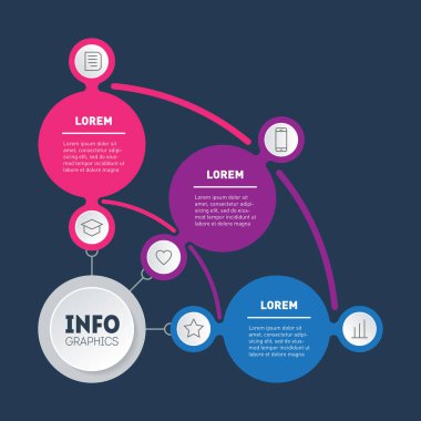 3 seçenekli iş sunumu konsepti. Teknoloji ya da eğitim sürecinin üç adımlı bilgileri. Satış boru hattı, grafik ya da diyagramın web şablonu. Yıllık rapor. Vektör.