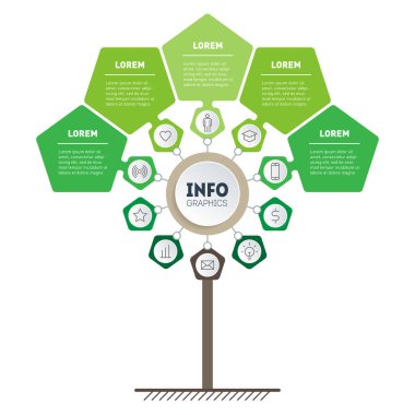 5 seçenek ve 10 simge içeren iş sunumu veya bilgi grafikleri konsepti. Ağaç ya da diyagram şablonu. Beş adımlı teknoloji veya eğitim sürecinin bilgi grafiği