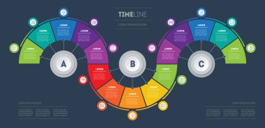 Infographic, 5 bölümden 3 parçaya bölünmüş 15 parçadan oluşur. Seçenekli iş sunumu konsepti. Adımlı teknoloji veya eğitim süreci diyagramı
