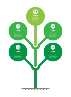 Dikey bilgi grafikleri veya 5 seçenekli zaman çizelgesi. Tarım, eko ticareti veya yeşil teknolojinin gelişimi ve büyümesi. Beş aşamalı ya da işlemeli iş kavramı. Simetrik tasarım.