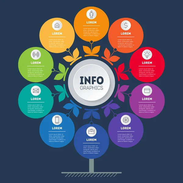On seçenek ve simgeli iş sunumu veya bilgi grafikleri konsepti. Teknoloji ya da eğitim sürecinin 10 adımlı grafiği. Çiçek şeklinde bir çizelge. Vektör