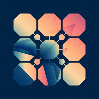 Bulanık arkaplanda düşük çoklu üçgenler ve uzayın yansımasıyla soyut izometrik prizma. Vektör çok fonksiyonlu arkaplan