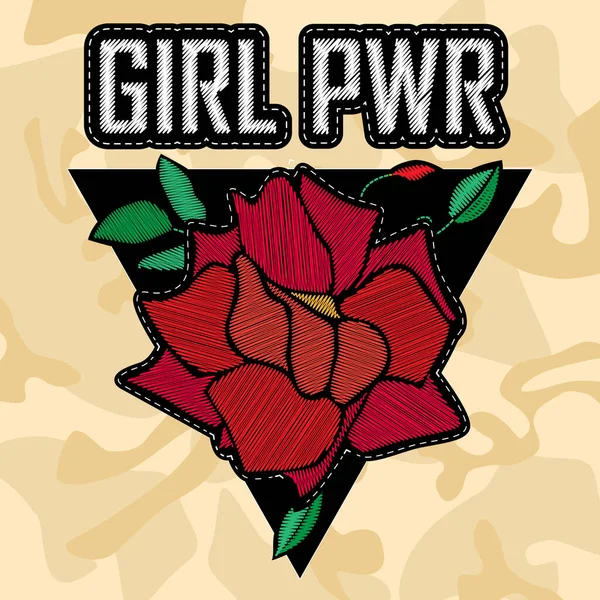 Girl Power Stickerei Aufkleber Mit Rose Isoliert Auf Weißem Hintergrund — Stockvektor