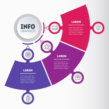 Satış boru hattı ya da diyagram şablonu. Yıllık rapor. Teknoloji ya da eğitim sürecinin 3 seçenekli bilgi grafikleri. Üç adımlı iş sunumu kavramı. Vektör Bilgileri grafiği.