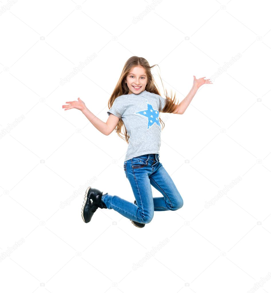 preteen girl dancing and jumping, isolated