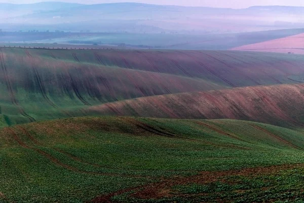 Bovenaanzicht van grondbewerking velden op de hellingen van Moravische land — Stockfoto