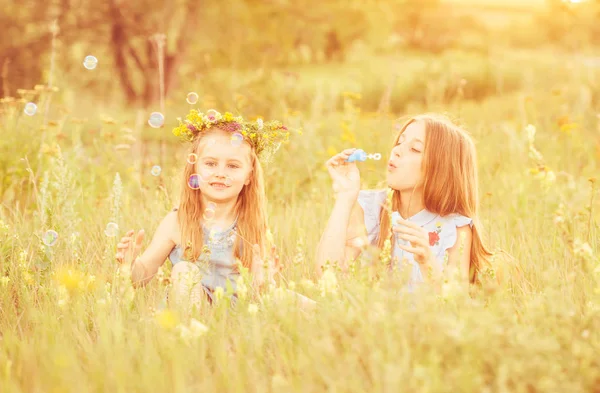 Dos hermanas pequeñas soplando burbujas de jabón — Foto de Stock