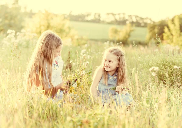 Zwei kleine Schwestern flechten Kränze aus Blumen — Stockfoto