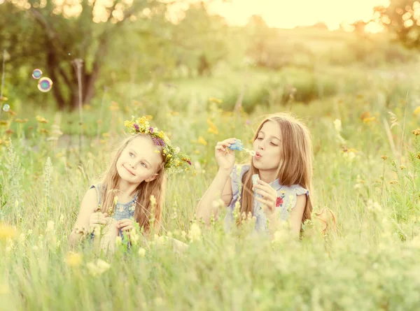 Dos hermanas pequeñas soplando burbujas de jabón —  Fotos de Stock