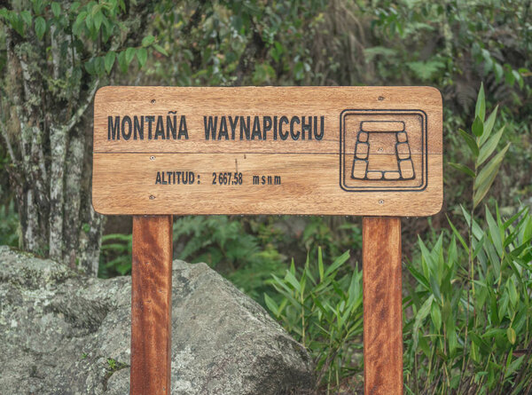 Wooden Huayna Picchu sign, Peru