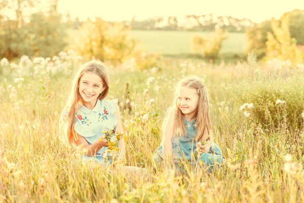 Twee zusjes weven kransen van bloemen — Stockfoto