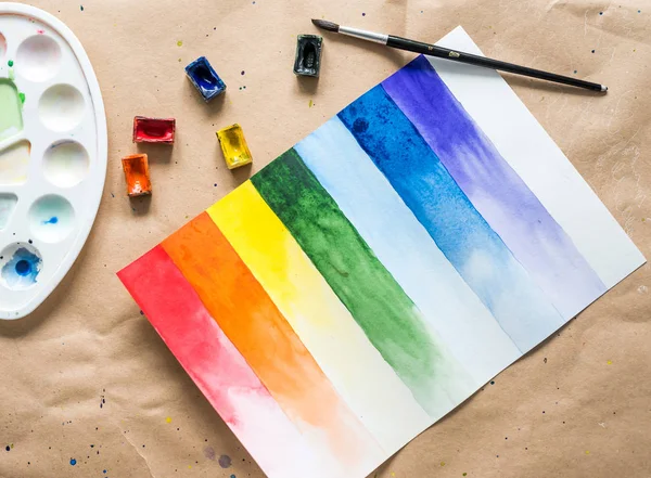 Set of watercolor brush strokes with brushes and paintboxes — Stock Photo, Image