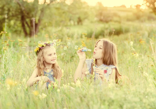 Dos hermanas pequeñas soplando burbujas de jabón —  Fotos de Stock