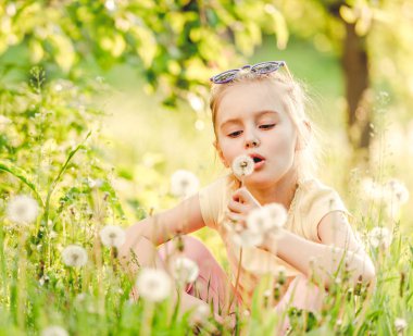 Dandelions ile oynarken sevimli kız