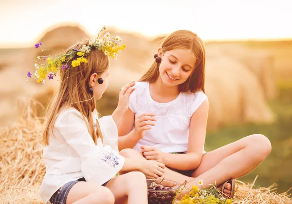 Cute sisters in the field with cherry and flowers — Stock Photo, Image