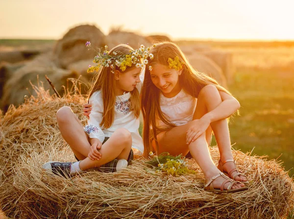 Прекрасные сёстры улыбаются на стогах сена — стоковое фото