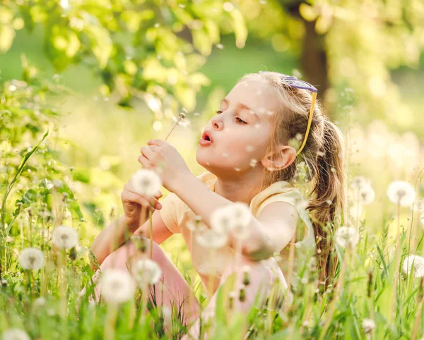 Cute girl playing with dandelions — Stock Photo, Image