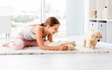 Kız retriever köpek yavrusu ile palying